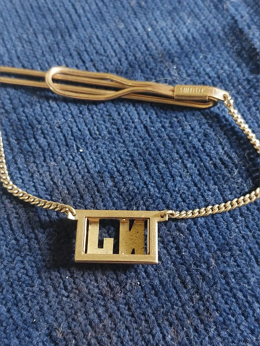 VTG Swank Monogram Cufflinks Tie Bar Set Gold Tone Initials NJ. Estate Jewelry